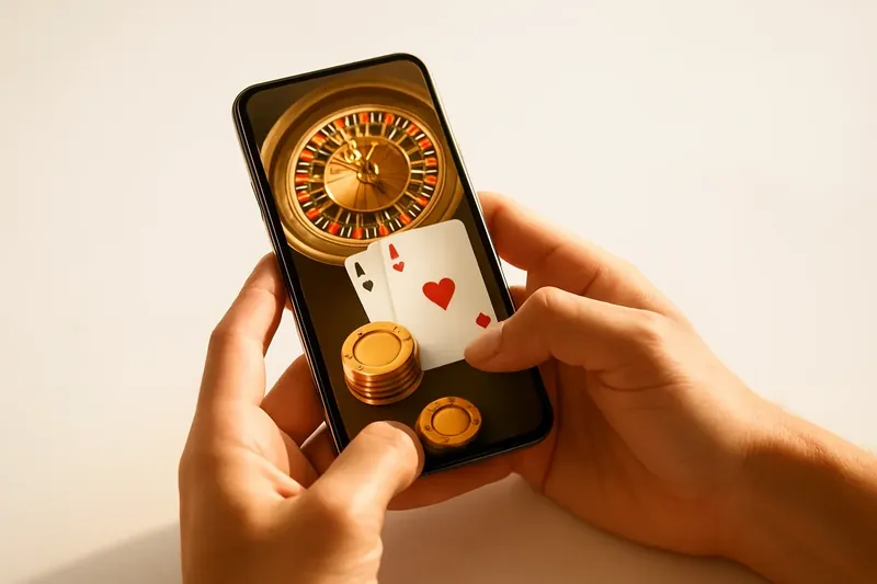 Close-up of hands holding smartphone with casino app on marble surface
