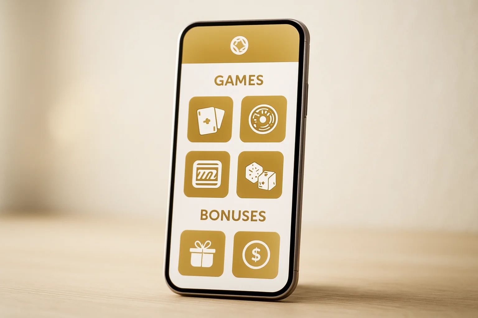 Modern smartphone displaying sleek casino app games and bonuses interface