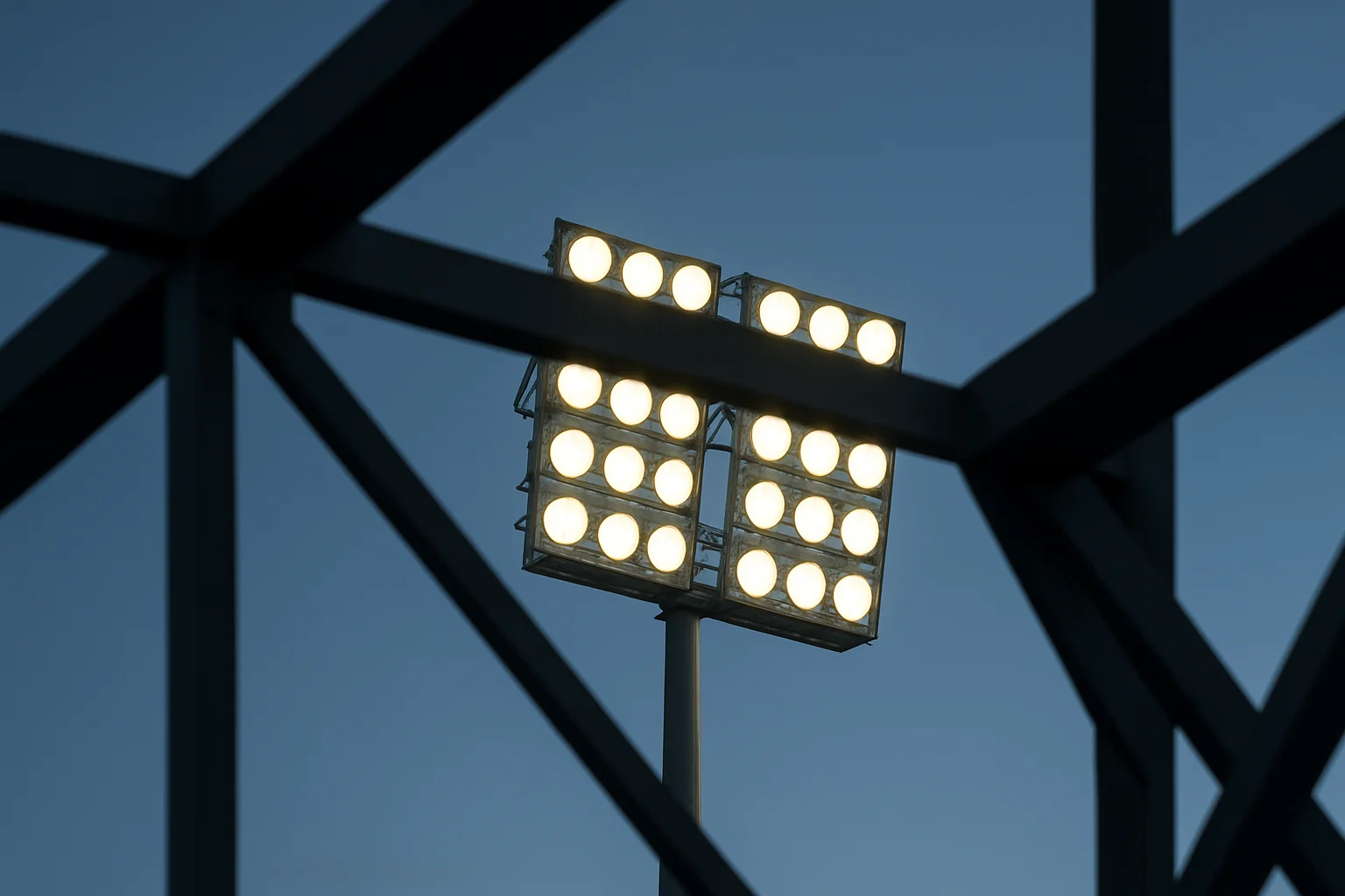 Stadium Floodlights Looking up at four bright stadium floodlights through metal structure