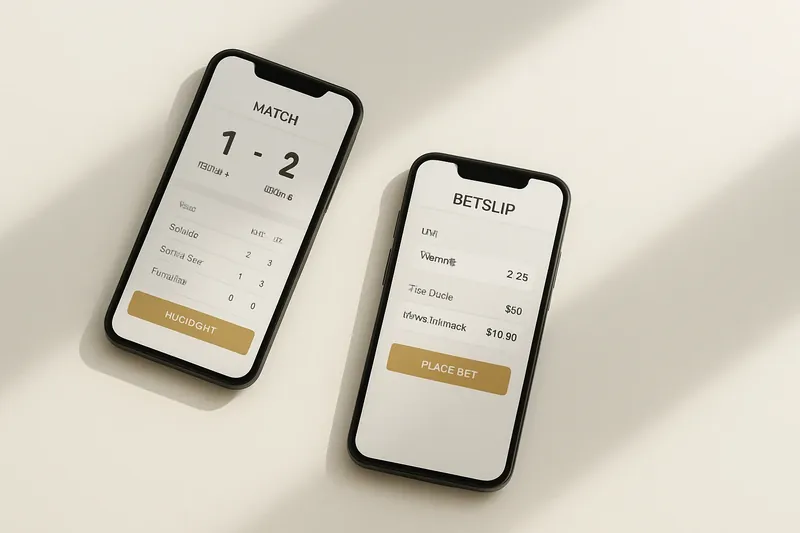Two smartphones showing match dashboard and bet slip on cream surface
