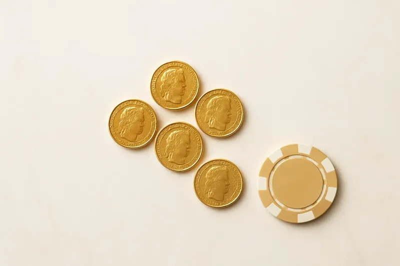 Five gold coins on cream marble with poker chip edge