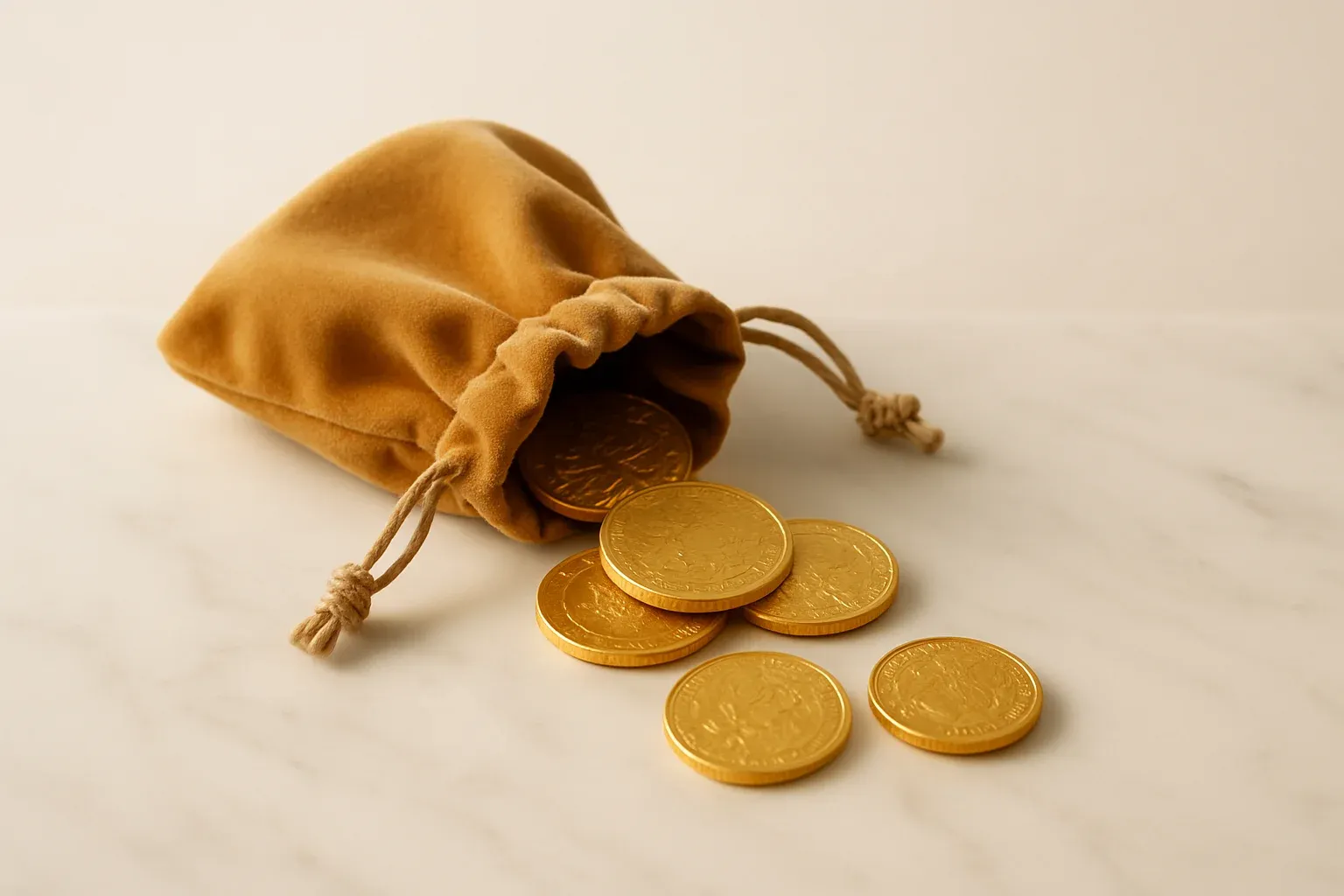 Golden Coin Cascade Golden coins spilling from velvet pouch on white marble surface
