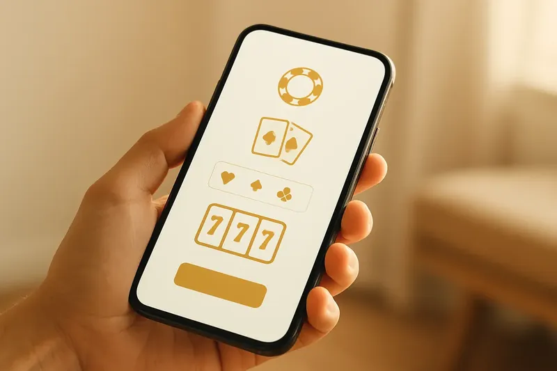 Hand holding smartphone with clean light-themed casino interface in warm lighting