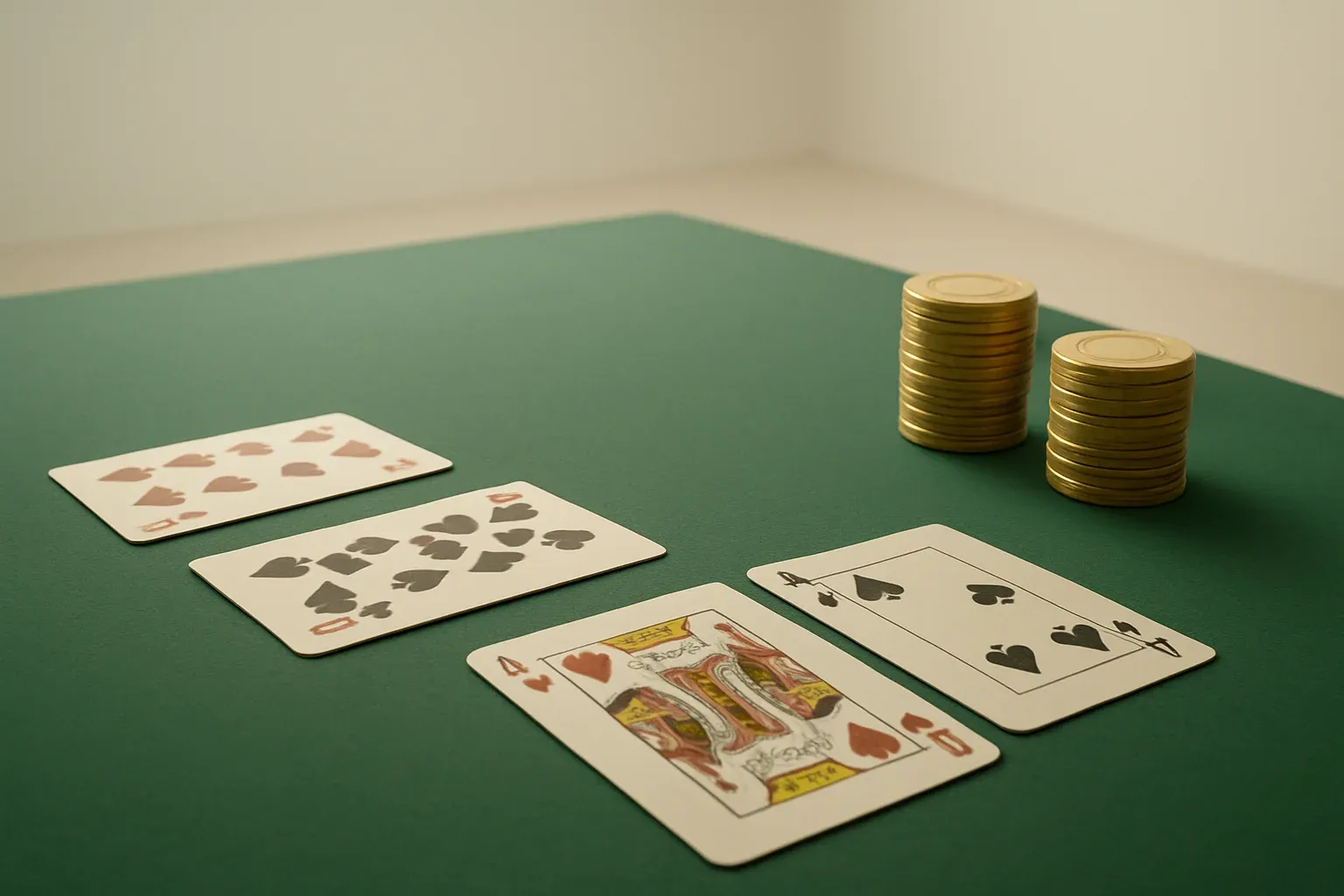Editorial Casino Table Close-up of green felt table with cards and gold chips