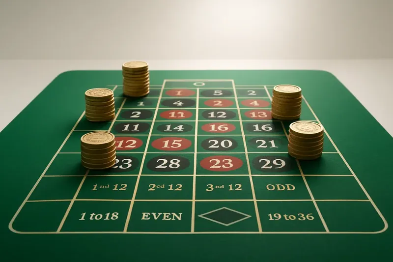 Top-down roulette table layout with gold chip stacks on green felt