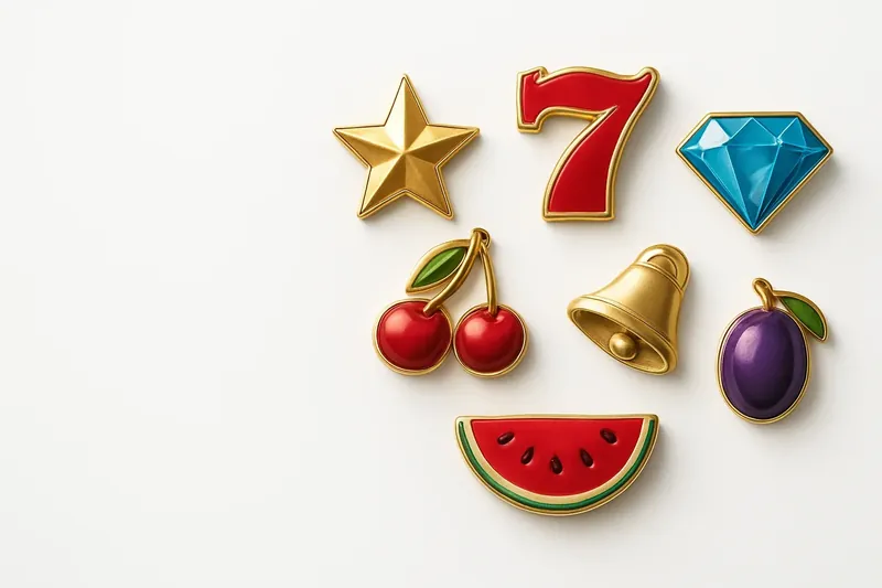 Assorted casino slot game icons with fruit, diamonds, lucky sevens, and stars