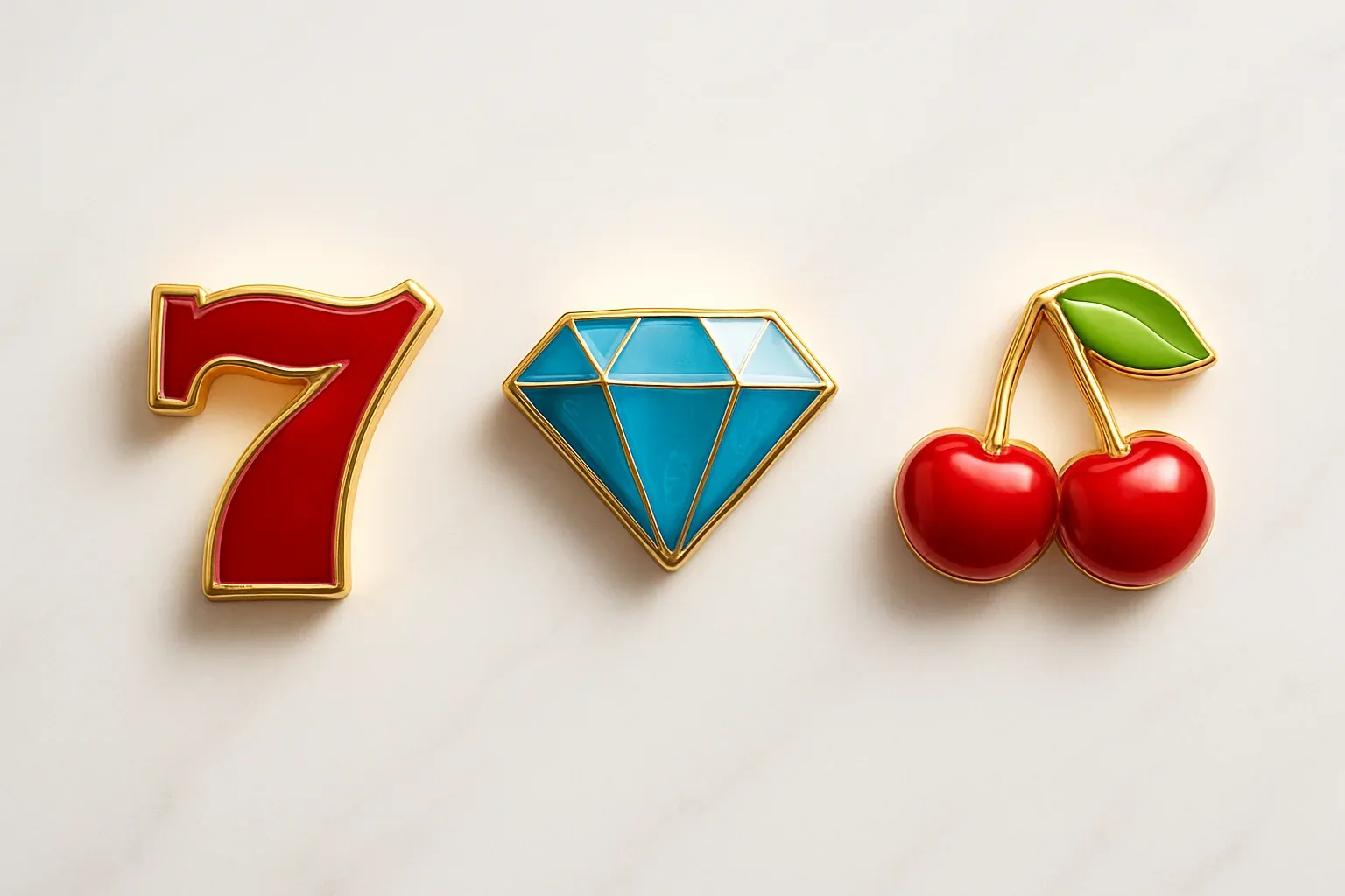Three polished slot symbols on white marble with warm spotlights